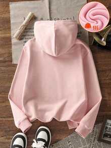 Tween Girl 1pc Thermal Lined Thick Warm Hooded Sweatshirt, Young Student Kids Clothing, Suitable For Children's Autumn/Winter Long Sleeve Top - Pink - View 4