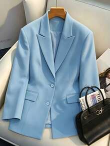 Women's Fashion Light Blue Woven Fabric Blazer, Long Sleeve Regular Fit Jacket, Regular Length, Creating A Fashion-Forward Style - Blue - View 2