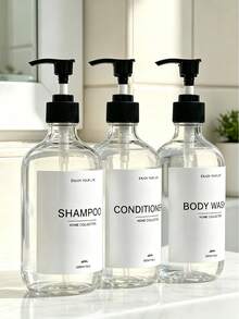3件組 500ml 透明可重複使用洗髮精、乳液、沐浴露分裝瓶附壓頭，浴室乳液分裝容器附防水標籤 - 透明色 - 查看 4
