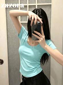 鉚釘圓領針織上衣，百搭修身小眾短袖顯瘦上衣，微低領口，女款夏季休閒服飾 - 淺綠色 - 查看 4