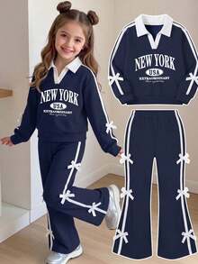 Young Girl Letter Print V-Neck Long Sleeve Sweatshirt And Pants Set - Royal Blue - View 1