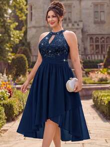 Plus Size Halter Neck Sequin Floral Lace Ruched Chiffon Dress, A-Line Skirt, Back To School Dress, Elegant Semi-Formal Dress - Navy Blue - View 5