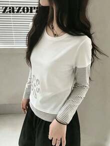 Kaos Lengan Panjang Patchwork Bergaris Gaya Korea 2 in 1 untuk Wanita, Atasan Longgar, Ramping, dan Serbaguna untuk Musim Gugur - Putih - View 3