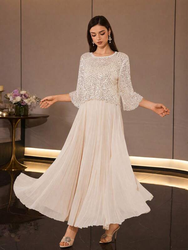 Elegant Women's Sequin Top And Flared Pleated Dress, Round Neck Formal Evening Gown With Spaghetti Strap Dress Two Pieces Set, Patchwork Sequin Glitter Details