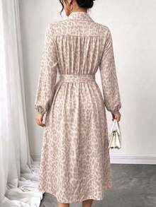 1pc Apricot Elegant Women's Leopard Print Full Digital Print Midi Shirt Dress, Front Tie Design, Collar, Long Sleeve, Elastic Cuff, Half-Open Front, Button Detail, Flared Hem, Woven Fabric (Polyester), Creating Sophisticated Style, Suitable For Elegant Casual Commute Vacation Autumn Women's Dress Outfit - Apricot - View 6