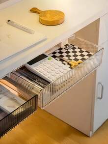 1pc Under Desk Hidden Drawer, No Drilling Adhesive Transparent Storage Box, Student Desk Stationery Pen Slot, Office Supplies Organizer - White - View 3