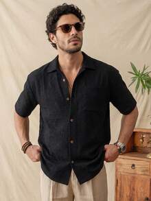 glestore Men's Retro-Style Short-Sleeve Shirt With Diamond Check Pattern-Stylish, Casual, Elegant, And Versatile For Vacation Wear - Black - View 4