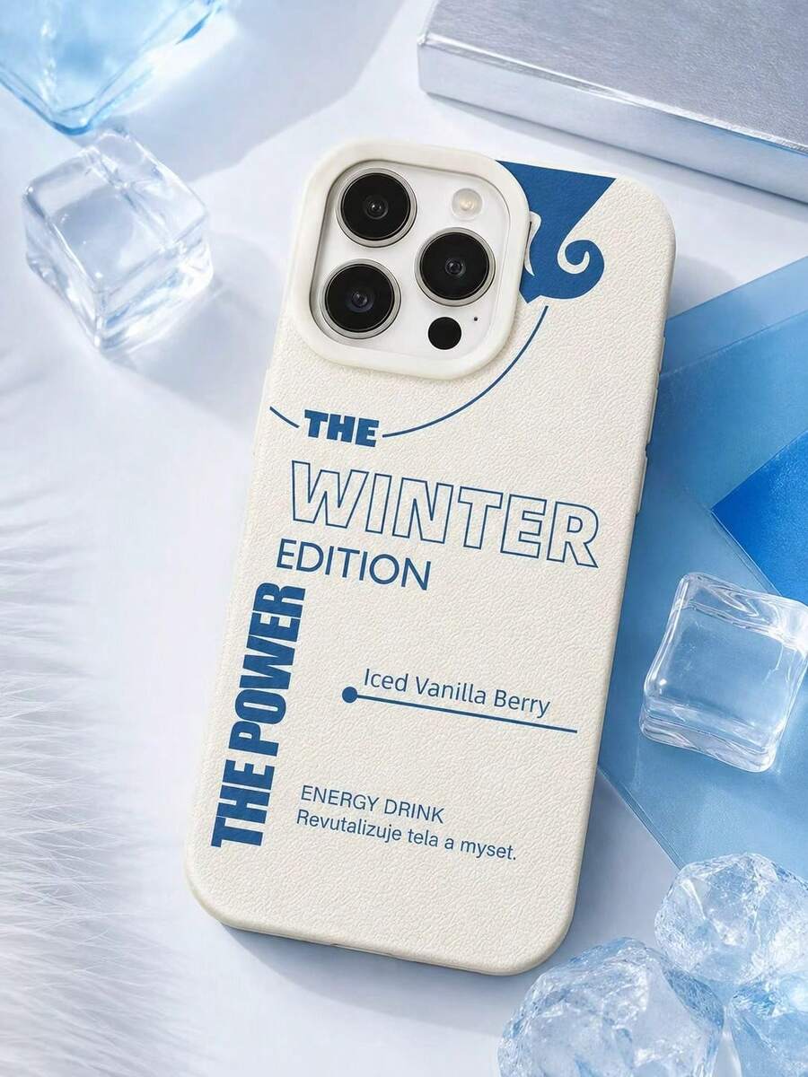 1pc Minimalist Text 15 14 13 12 11 Pro Max Phone Case, Cream White Textured Leather Base, Klein Blue "The Winter Edition The Power" Energy Drink Text Abstract Curve Pattern, Cream White Border Shockproof Phone Case - Beige - View 1