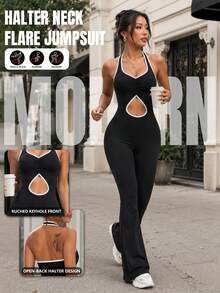 Women's Halter Neck Flare Jumpsuit, Ruched Keyhole Cutout, Open Back, Contrast Trim, Slim Fit Yoga Workout Activewear Bodysuit - Black - View 1