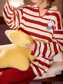 Gongdie 2 Pieces Miffy Christmas Women's Matching Pajama Set Couple,Fall Red Striped Soft Cotton Loungewear With Scalloped V-Neckline And Pocket - Red - View 3