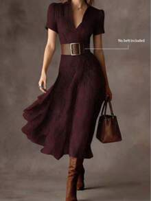 Elegant Women's A-Line V-Neck Short Sleeve Flared Midi Dress, Fashionable Choice For Spring, Summer And Autumn, High-End Women's Dress - Burgundy - View 2