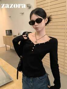 2026 Spring Women's Riveted V-Neck Long Sleeve T-Shirt, Slim Fit Layering Top Casual Black - Black - View 8