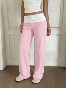 SCARLUX Summer & Autumn Y2K Women's Solid Pink Flare Pants, Folded Low Waist Casual Long Pants, Suitable For Back To School Streetwear - Pink - View 2