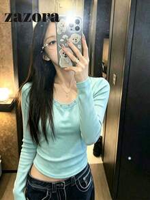 Sweater Rajut Musim Gugur Leher Bulat dengan Hiasan Rivet, Atasan Serbaguna, Pas Badan, dan Menawan untuk Wanita - Hijau - View 4
