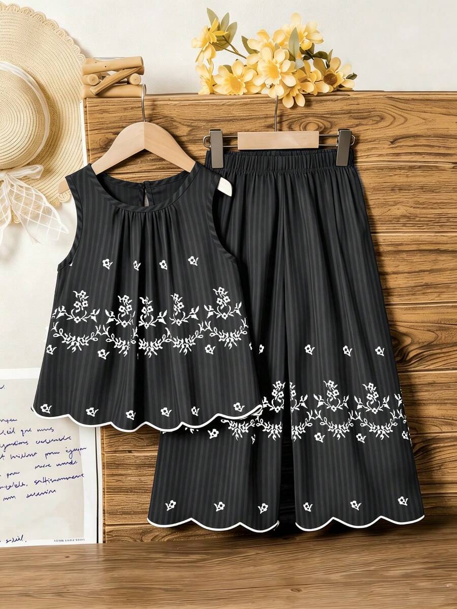 Young Girl Retro Striped Print Sleeveless Set. Retro Striped Pattern With Exquisite Embroidered Hem, Sleeveless Top + Wide-Leg Pants, Comfortable And Stylish, Suitable For Daily Outings, Vacations, Family Gatherings, A Great Choice To Create An Elegant Look For Young GirlSpring/Summer.