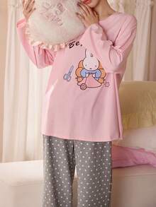 Gongdie 2pcs Miffy Women's Pajama Set, Autumn Pink Soft Cotton Loungewear With Pockets - Pink - View 6