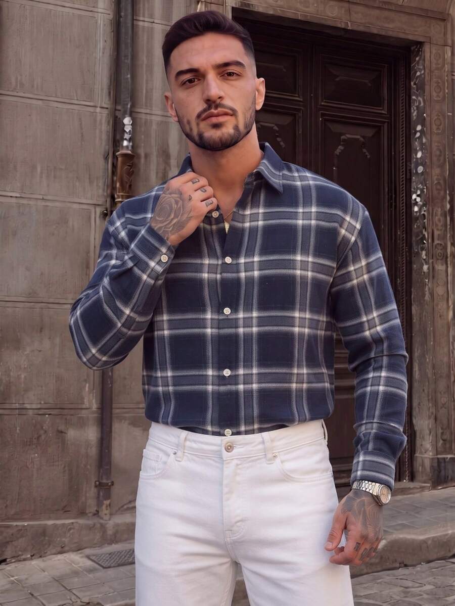 Lookun Casual Loose Fit Men's Unisex Spring Summer Autumn Winter Turn-Down Collar Long Sleeve Plaid Brand Commute Classic Button-Up Shirt - Blue - View 1