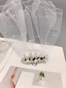 1pc Women's White Bridal Veil Pearl Flower Wedding Hair Comb Headpiece, Suitable For Daily Wear - White - View 9