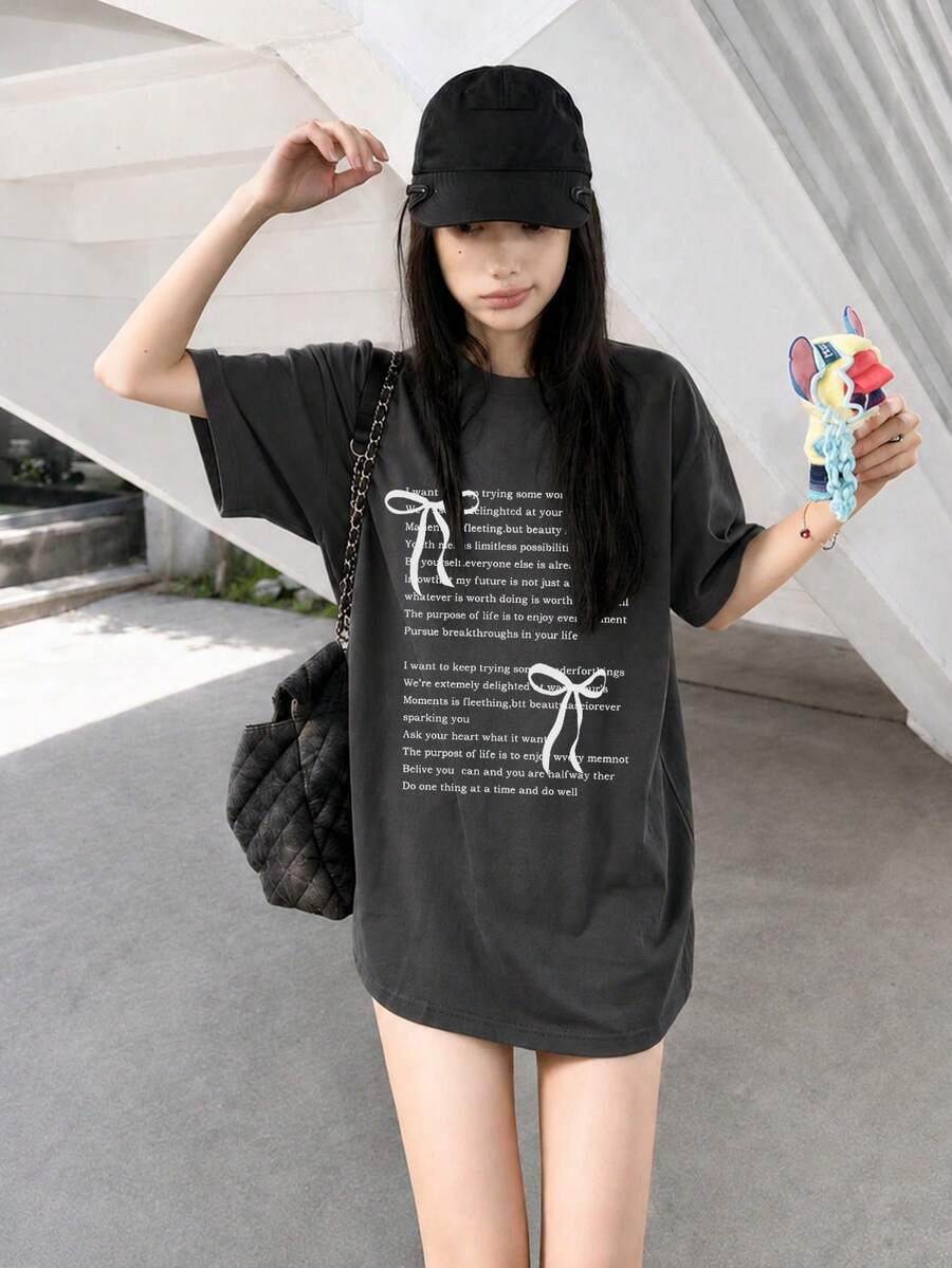 日系女式宽松圆领休闲百搭印花短袖T恤,春夏款 - 深灰色 - 查看 1