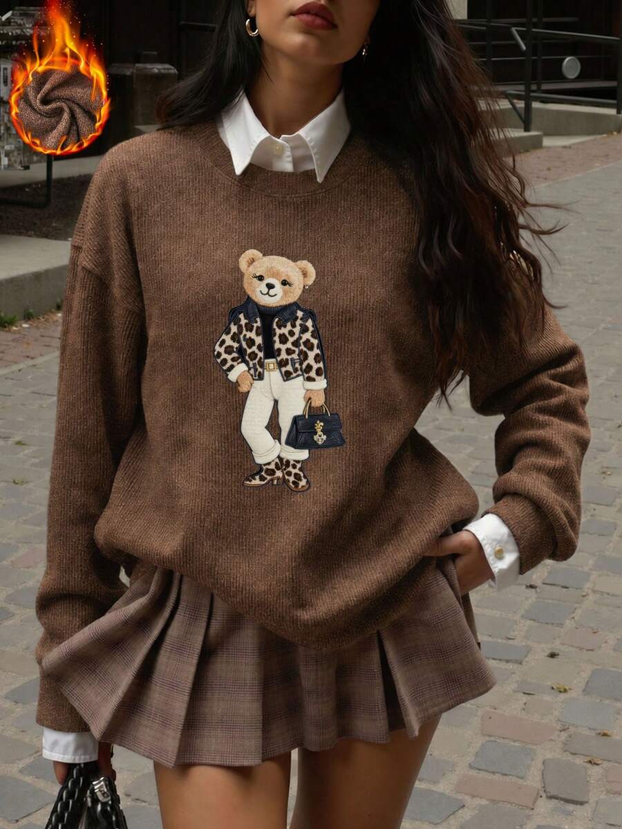 Women's Casual Fashion T-Shirt, Comfortable Warm Knit Top For Autumn/Winter, Round Neck Sweater Pattern Top, Soft Fabric, Going Out Top, Summer Top, Vacation Outfit, Travel Wear, Fall Clothes For Women, Going Out Tops, Sweaters For Women, Halloween Costume Women - Brown - View 1