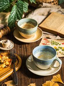 DearDali 1pc Glazed Ceramic Coffee Cup And 1pc Saucer Set, Vintage Colorblock Cup And Saucer, Wabi-Sabi Gradient Cup, Suitable For Latte, Cappuccino, Hot Chocolate, Tea, Coffee Lovers, Gathering, Afternoon Tea, Can Be Used As Gift Or Back To School - Multicolor - View 11
