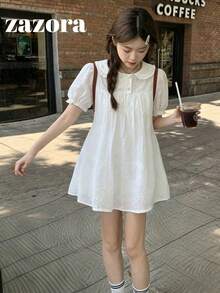 甜美彼得潘領鏤空刺繡內裡短袖女版襯衫 夏季服飾 白色 - 白色 - 查看 9
