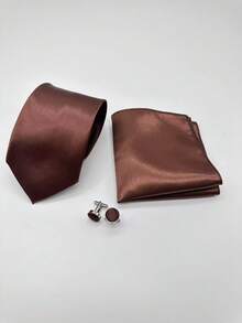 1套純色男士領帶套裝，男士商務正式領帶（8cm）、口袋巾、袖扣3件組，適合商務場合、職場與婚禮派對 - 咖啡棕 - 查看 6