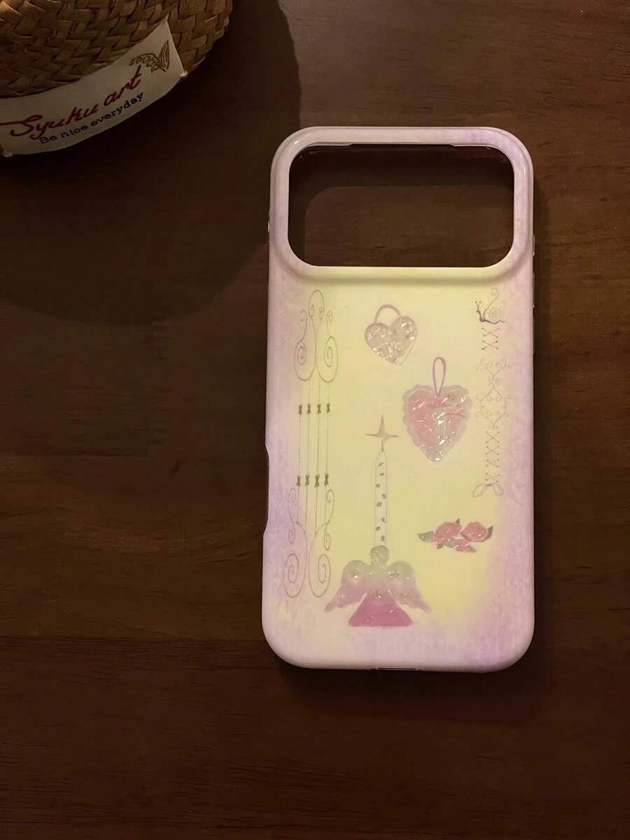Vintage Gilded Butterfly & Floral Cup Design Phone Case Compatible With Iphone 17 Pro Max, 16 Pro, 13, 14 Pro, 15 Pro, Creative Full Coverage Double Layer Anti-Drop Protective Cover For Women - Pink - View 1