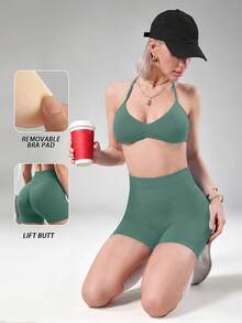 DINBEY Women's Seamless Yoga 2 Pieces Set, Halter Neck Sports Bra With Padding + High Waist Tummy Control Butt Lifting Ruched Fitness Shorts, Athleisure Outfit - Green - View 2