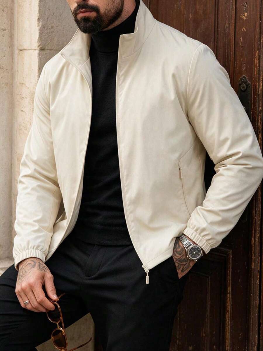 Men's Spring/Autumn Fashion Casual Business Commute Stand Collar Jacket, Minimalist Men's Outerwear - Khaki - View 1