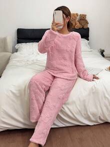 Dreamivo Girl Style Solid Color Plush Loungewear 2-Piece Set, All-Over 3D Bow Embossed Design Round Neck Long Sleeve Pajama Set, Elastic Waist Long Pants Non-Tight, Thickened Coral Fleece Fabric Suitable For Home And Outdoor Wear - Pink - View 1