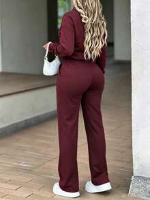 LUNNELUX Women Fall Burgundy Knit 2 Pieces Outfits, Half Zip Collar Long Sleeve Top & Drawstring Wide Leg Pants Set Halloween Travel Daily Tracksuit - Burgundy - View 6