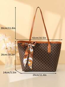 Fashionable Retro Letter Print Women's Tote Bag, Zipper Closure Large Capacity Shoulder Bag, Scarf Bowknot Decoration, Suitable For Work, Shopping And Daily Use - Brown - View 6