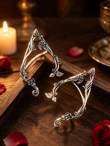 Ganchos de Orelha de Elfo com Flor de Rosa Vintage, Clipes de Orelha de Fada Leves, Brincos de Elfo Envolventes Feitos à Mão Requintados, Adequados para Halloween, Tema Renascentista, Casamento, Uso Diário, Acessórios de Fantasia Cosplay, Podem Ser Dados como Presentes de Feriado, Aniversário, Dia dos Namorados para Meninas e Namoradas - Multicolorido - Visão 2