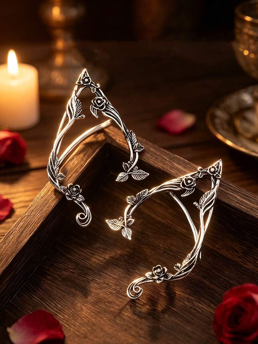Ganchos de Orelha de Elfo com Flor de Rosa Vintage, Clipes de Orelha de Fada Leves, Brincos de Elfo Envolventes Feitos à Mão Requintados, Adequados para Halloween, Tema Renascentista, Casamento, Uso Diário, Acessórios de Fantasia Cosplay, Podem Ser Dados como Presentes de Feriado, Aniversário, Dia dos Namorados para Meninas e Namoradas
