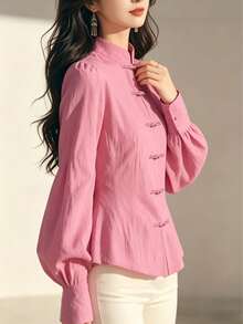Solstice Apparel Blus Wanita Gaya Cina Kerah Tegak Kancing Katak Lengan Lentera yang Mengencangkan Pinggang Gaya Vintage untuk Komuter - Watermelon Pink - View 7