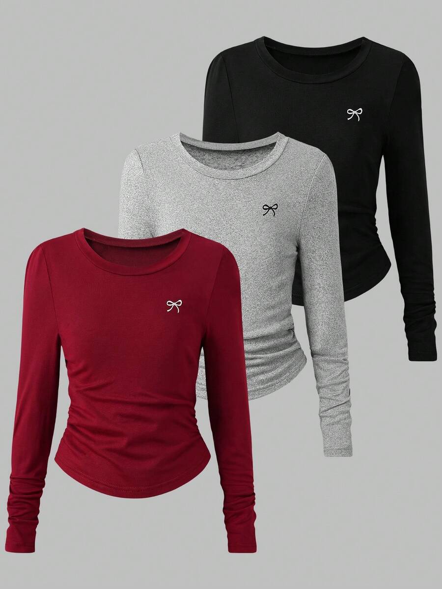 3pcs/Set Autumn/Winter Tween Girls Fashion Casual Bowknot Graphic Print Crew Neck Long Sleeve Top Undershirt - Multicolor - View 1