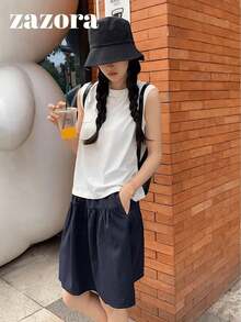 日系休閒運動風女款彈性腰A字迷你裙，百搭日常通勤極簡裙 - 藏青色 - 查看 6