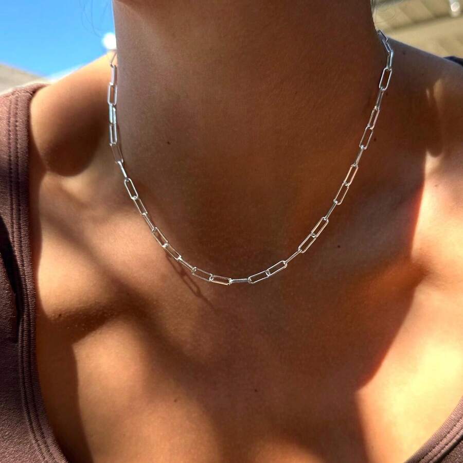 Silver Paperclip Choker,Minimalist Everyday Dainty Long Layering, Adjustable Silver,Gift For Her - Silver - View 1