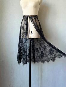1pc Bridal Lace Detachable Mid-Length Skirt With Black Tie Back And Train, 75cm - Multicolor - View 5