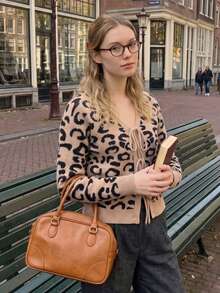 Women's Stylish Knit Leopard Print Cardigan, Long Sleeve V-Neck For Everyday Wear - Brown - View 4