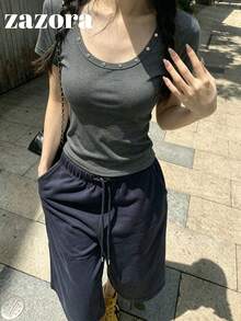 鉚釘圓領針織上衣，百搭修身小眾短袖顯瘦上衣，微低領，女款休閒夏季服飾 - 灰色 - 查看 6