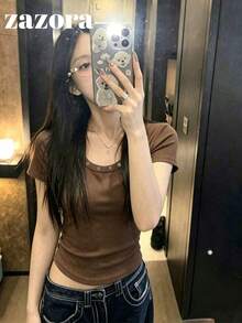 鉚釘圓領針織上衣，百搭修身小眾短袖修身女式襯衫，微低領口，夏季休閒女裝 - 咖色 - 查看 4