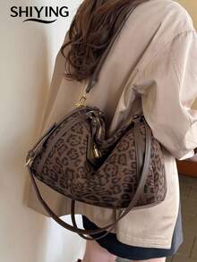 1pc Solid Color Suede New Women's Backpack, Shoulder Bag, Crossbody Bag, Leopard Print Design, Fashionable Large Capacity Tote Bag, Suitable For Commuting, Shopping, Dating - Multicolor - View 2