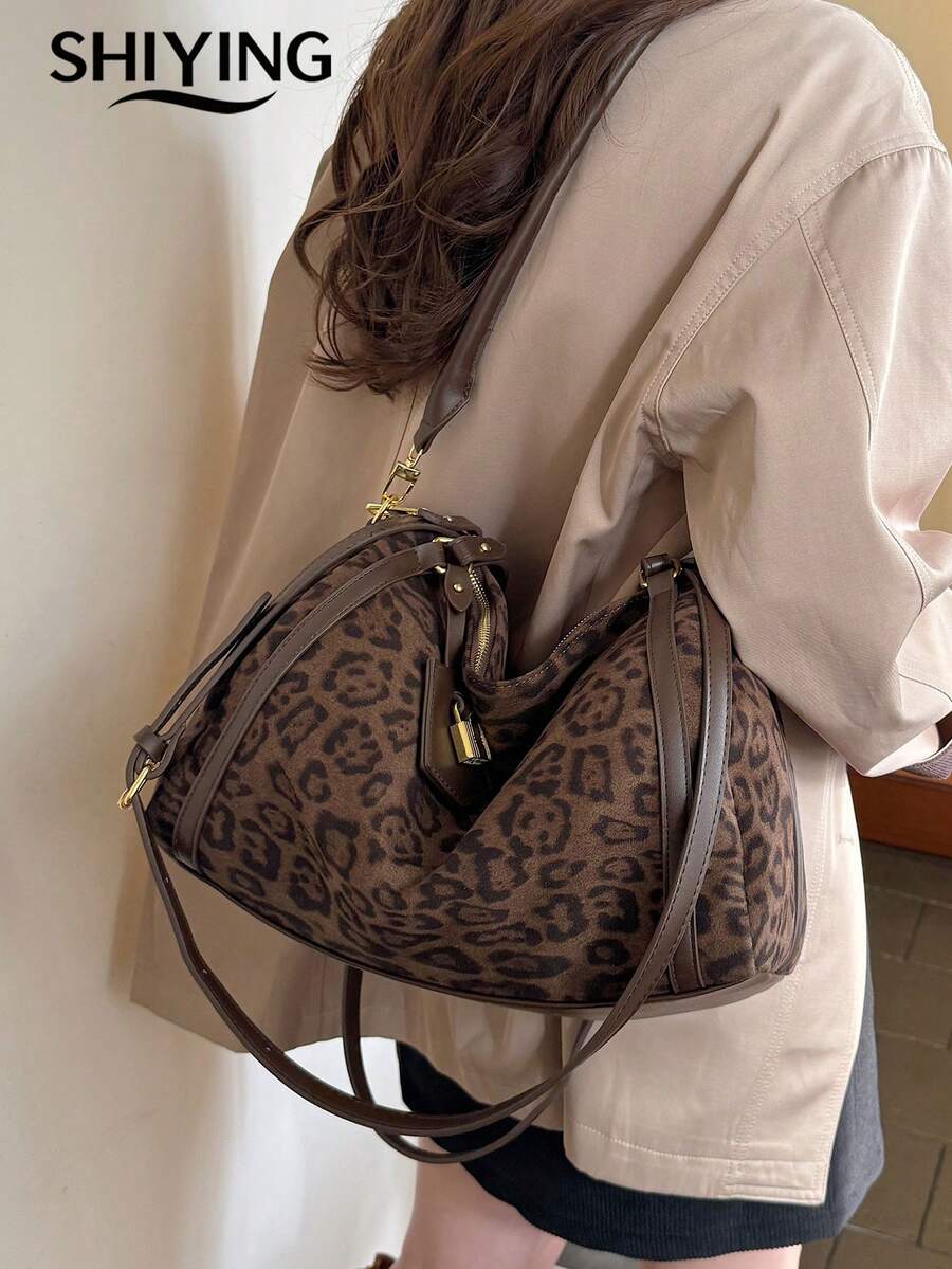 1pc Solid Color Suede New Women's Backpack, Shoulder Bag, Crossbody Bag, Leopard Print Design, Fashionable Large Capacity Tote Bag, Suitable For Commuting, Shopping, Dating