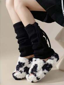 Knitted Ruched Leg Warmers With Straps For Women, Grey Harajuku Style Mid-Calf Leg Warmers, Spring/Autumn/Winter - Multicolor - View 8