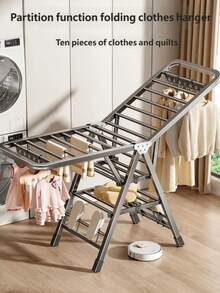 Movable 1.4M Double‑Tier Drying Rack, Foldable Metal Clothes Drying Rack With Hidden Moving Casters, Multi‑Rod Large‑Capacity Load‑Bearing Garment Airer, Anti‑Slip Base Stable Household Laundry Tool For Balcony And Indoor Home Use - Grey - View 10