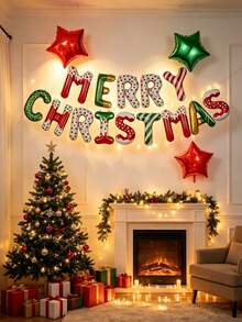 18pcs/Set "Merry Christmas" Letter Balloon Set (Foil), With Red And Green Star Balloons; Suitable For Decorating Christmas Parties, Events And Home Interiors, Also Can Be Used To Create Festive Atmosphere In Store Windows And Walls. - Multicolor - View 4