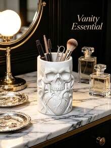 Skull Heart Embossed Makeup Brush Bucket Multifunctional Desktop Cosmetic Box Halloween Christmas Decor Vanity Rack Pen Holder Dual Use Dark Resin Beauty Organizer Gift - Multicolor - View 11