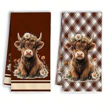 2PCS Farmhouse Kitchen Towels, Cute Highland Cow Flower Crown Plaid Print Dish Towels, Rustic Country Home Decor Hand Tea Towels For Kitchen - Brown - View 9